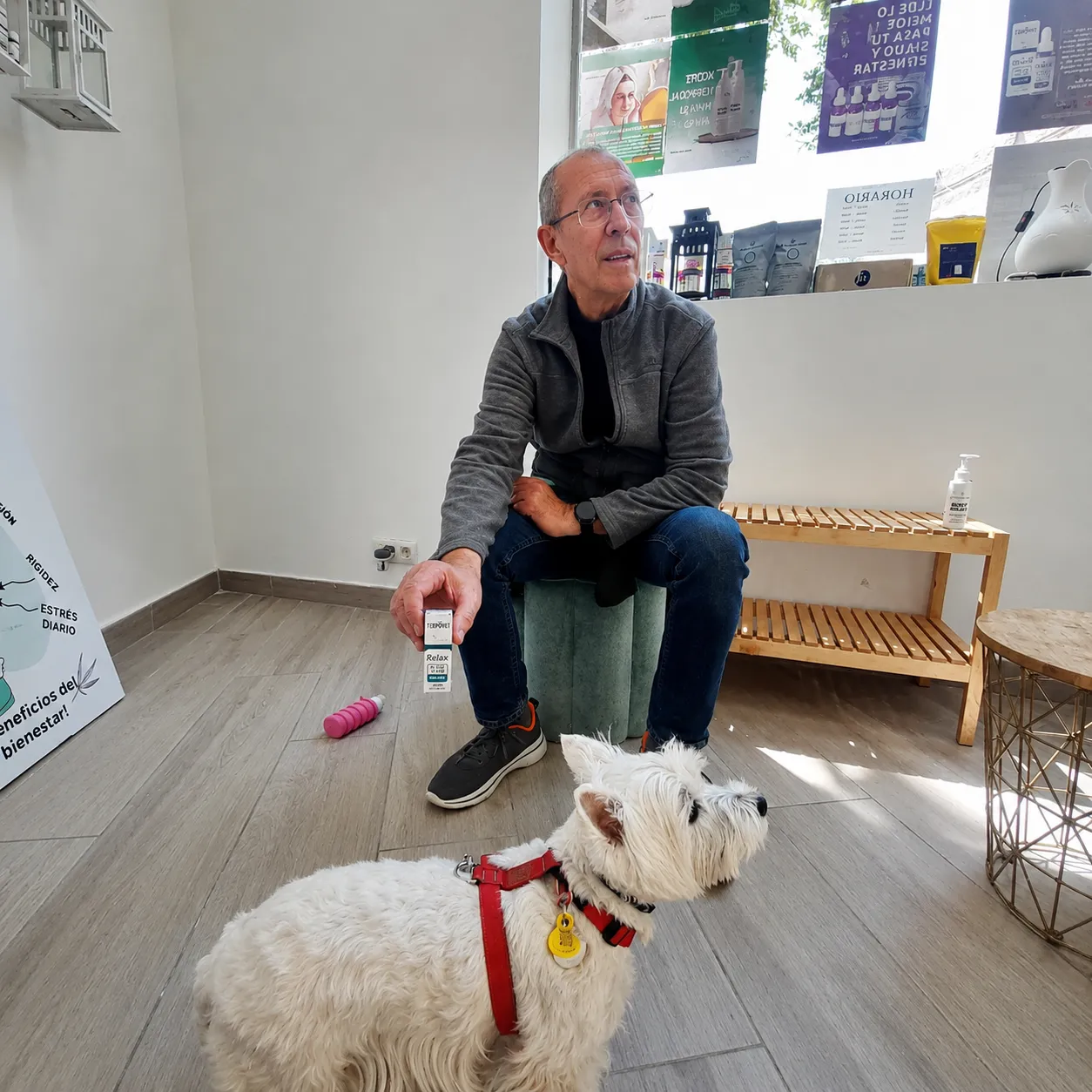 Dueño con su perrita Westie en la tienda Grabbit