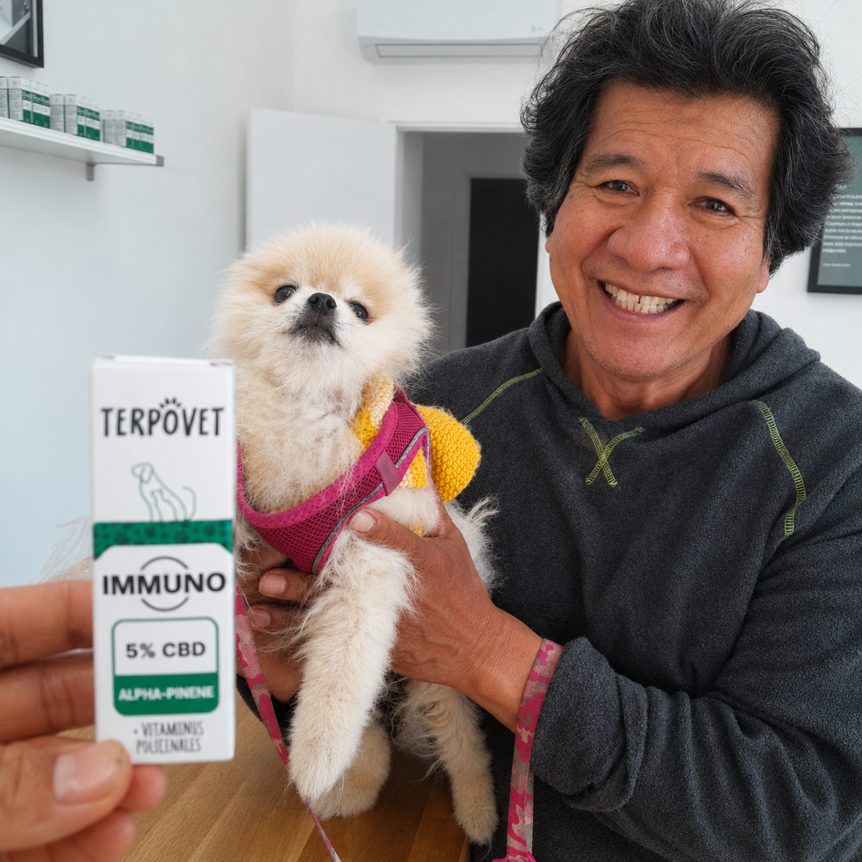 Cliente con su perro Pomeranian sosteniendo TerpoVet Immuno 5% CBD en tienda Grabbit Barcelona